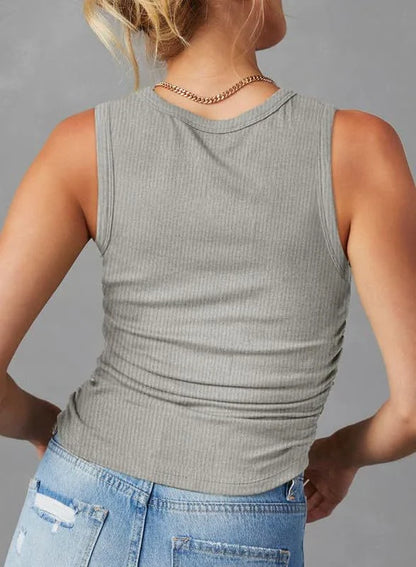 Women's Fashion Sleeveless Ribbed Vest in Apricot Colour - Slim-fit Pleated Solid Crew Neck Tank Top for Summer