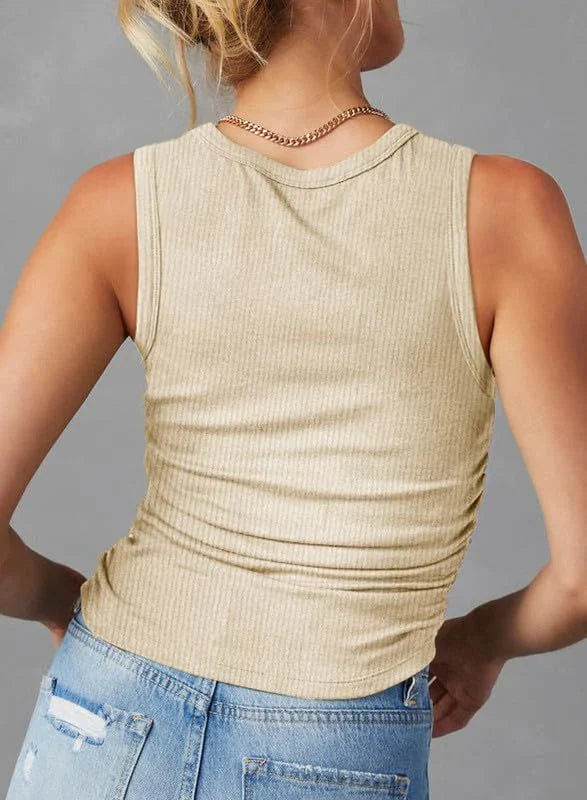 Women's Fashion Sleeveless Ribbed Vest in Apricot Colour - Slim-fit Pleated Solid Crew Neck Tank Top for Summer