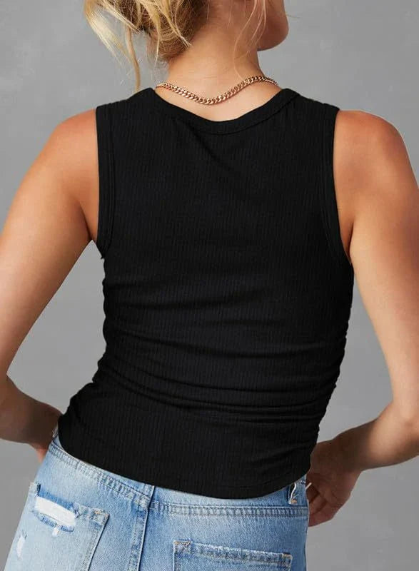 Women's Fashion Sleeveless Ribbed Vest in Apricot Colour - Slim-fit Pleated Solid Crew Neck Tank Top for Summer