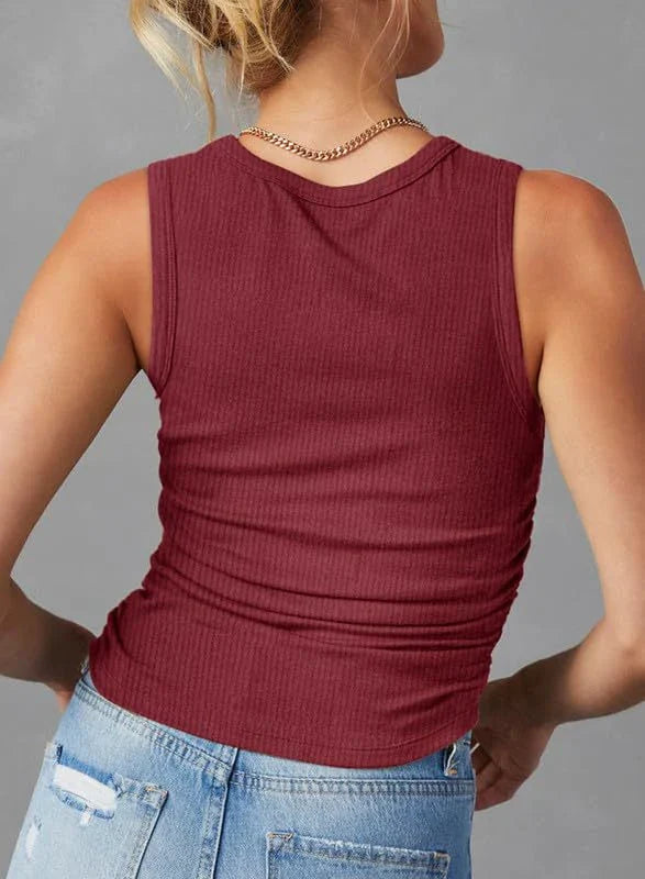 Women's Fashion Sleeveless Ribbed Vest in Apricot Colour - Slim-fit Pleated Solid Crew Neck Tank Top for Summer