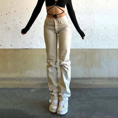 Cotton Denim Women's Casual Slim Jeans in beige colour with high waist and slim fit design