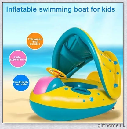 A baby swimming in a blue and white clamshell-style inflatable swimming pool float with a sun canopy and steering wheel