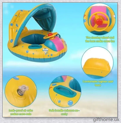 A baby swimming in a blue and white clamshell-style inflatable swimming pool float with a sun canopy and steering wheel