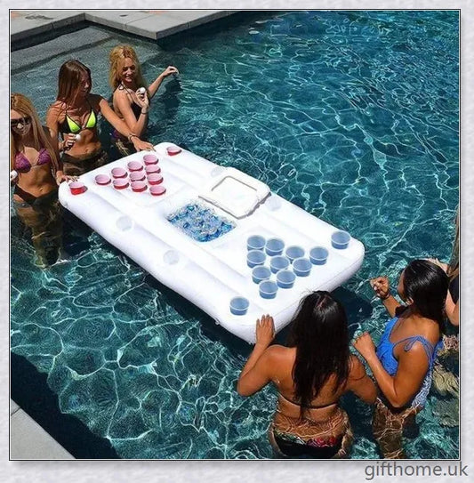 Inflatable pool beer pong table with 28 cup holders, central cooler, and versatile design for indoor or outdoor use