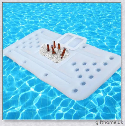 Inflatable pool beer pong table with 28 cup holders, central cooler, and versatile design for indoor or outdoor use