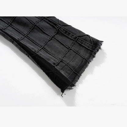 A pair of fashionable waffle-textured denim jeans in black and gray colors, suitable for both men and women.
