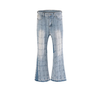 A pair of fashionable waffle-textured denim jeans in black and gray colors, suitable for both men and women.