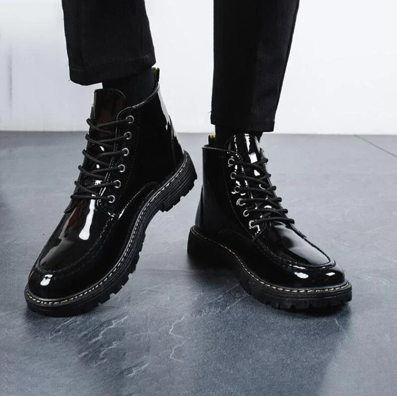 Stylish and comfortable high-top shoes with a glossy, shiny finish and durable rubber sole for everyday wear