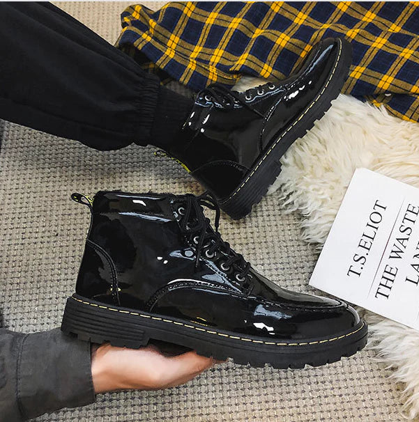 Stylish and comfortable high-top shoes with a glossy, shiny finish and durable rubber sole for everyday wear