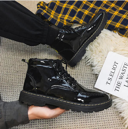 Stylish and comfortable high-top shoes with a glossy, shiny finish and durable rubber sole for everyday wear