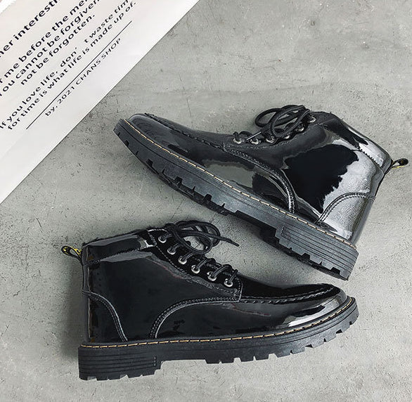 Stylish and comfortable high-top shoes with a glossy, shiny finish and durable rubber sole for everyday wear