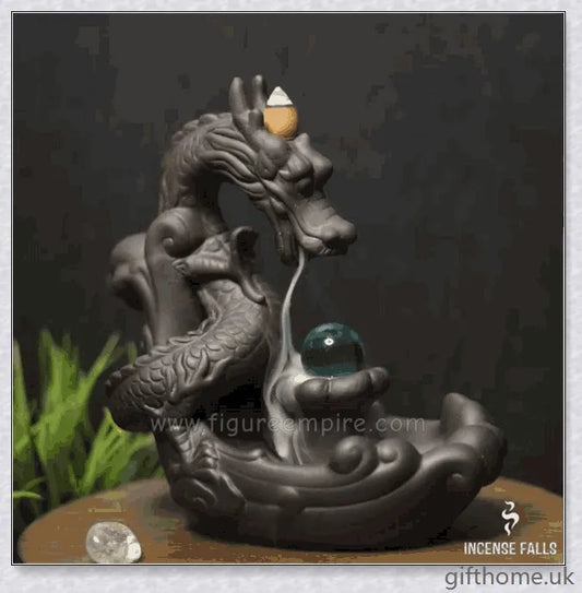 Handcrafted ceramic incense burner with a dragon design and a mesmerising gem at the centre, creating a smoky waterfall effect to diffuse calming aromas.
