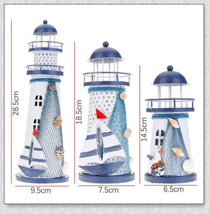 Oceanica LED Lighthouse Lantern Nightlight with nautical details like a small boat, life buoy, and seashells, providing a soft warm glow.