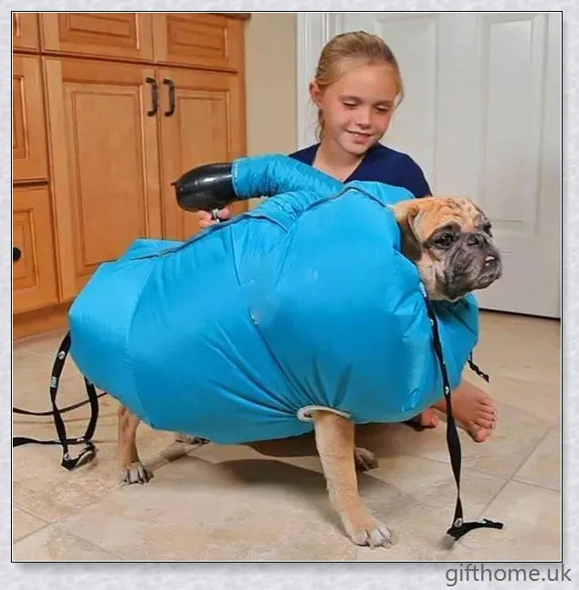 Blue Oxford cloth dog drying bag with Velcro strap, used to quickly dry dogs with a hairdryer