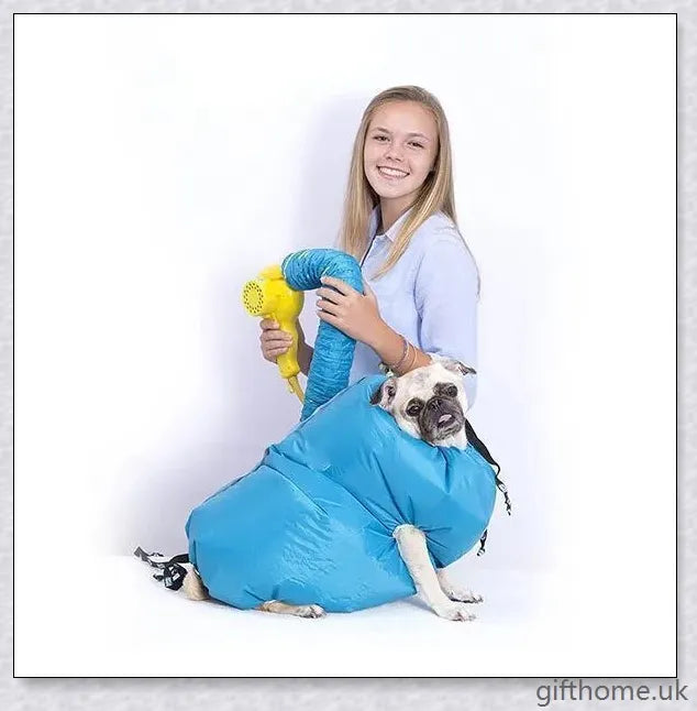 Blue Oxford cloth dog drying bag with Velcro strap, used to quickly dry dogs with a hairdryer