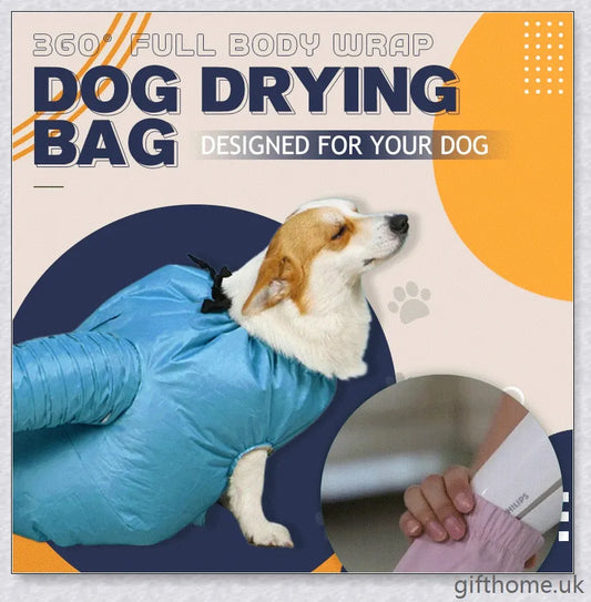 Blue Oxford cloth dog drying bag with Velcro strap, used to quickly dry dogs with a hairdryer