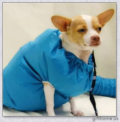 Blue Oxford cloth dog drying bag with Velcro strap, used to quickly dry dogs with a hairdryer