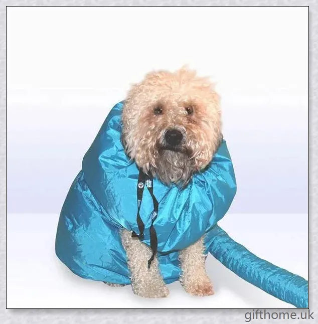 Blue Oxford cloth dog drying bag with Velcro strap, used to quickly dry dogs with a hairdryer