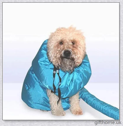 Blue Oxford cloth dog drying bag with Velcro strap, used to quickly dry dogs with a hairdryer