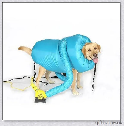 Blue Oxford cloth dog drying bag with Velcro strap, used to quickly dry dogs with a hairdryer