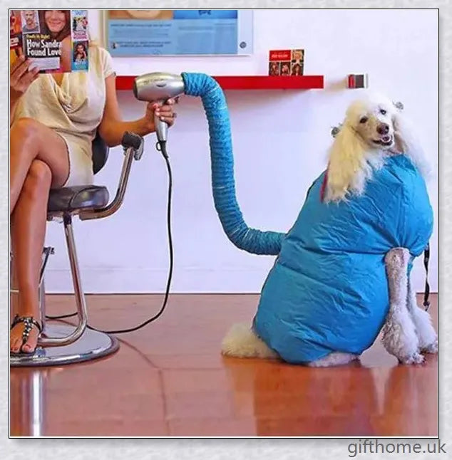 Blue Oxford cloth dog drying bag with Velcro strap, used to quickly dry dogs with a hairdryer