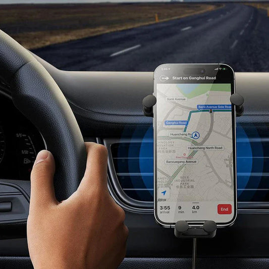 Gravity Auto-Restore Car Phone Holder with secure clamping, wireless charging, and adjustable viewing angles for safe and convenient in-car phone use
