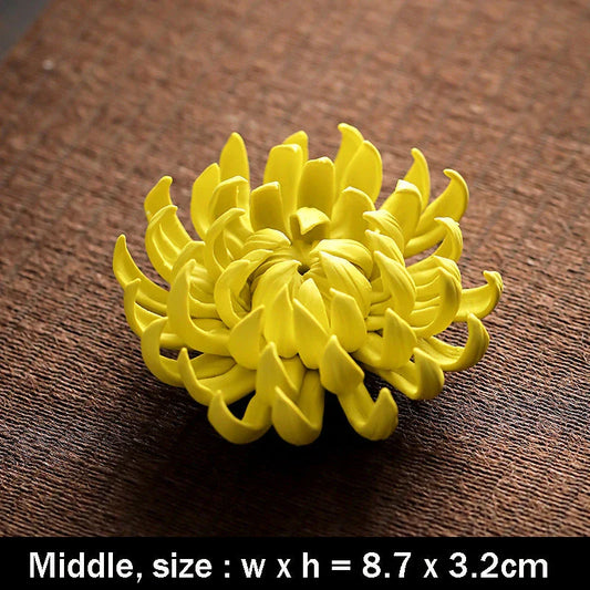 Elegant ceramic incense burner with chrysanthemum design, available in white and yellow colours and three sizes