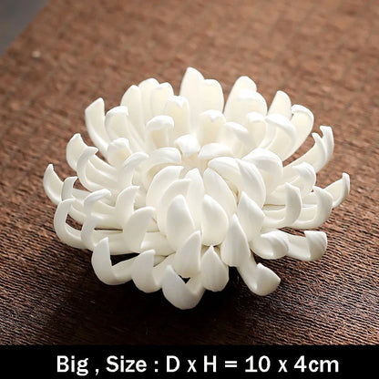 Elegant ceramic incense burner with chrysanthemum design, available in white and yellow colours and three sizes