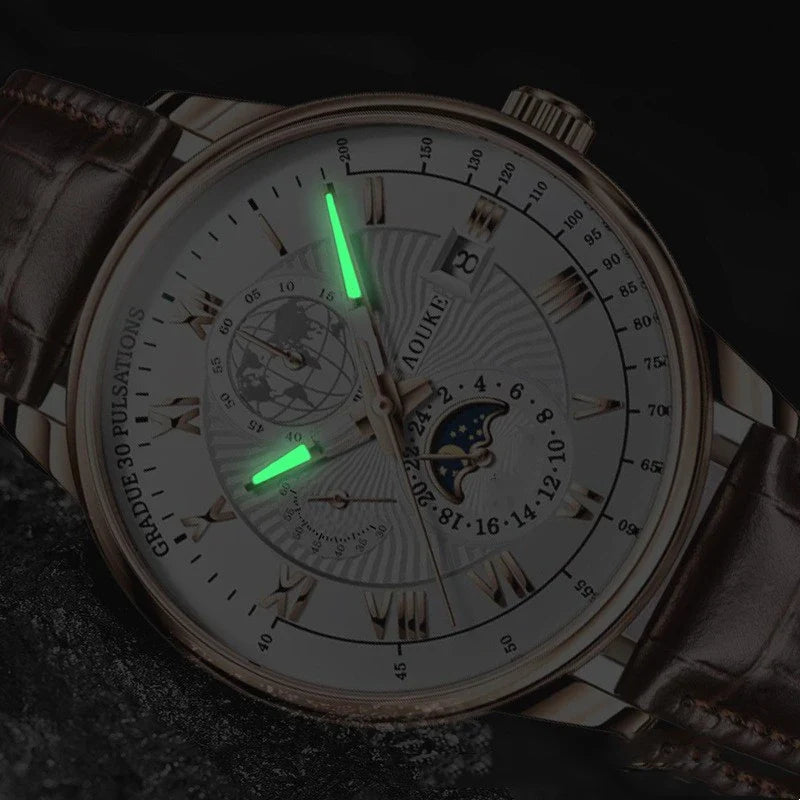 Genuine leather watch with luminous dial and calendar function, a sophisticated British timepiece