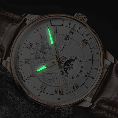 Genuine leather watch with luminous dial and calendar function, a sophisticated British timepiece