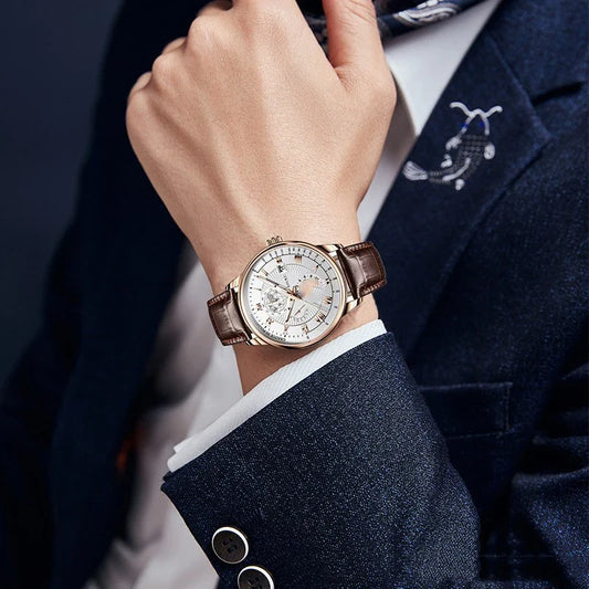Genuine leather watch with luminous dial and calendar function, a sophisticated British timepiece