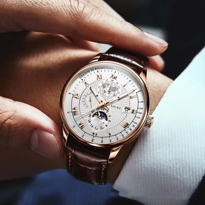 Genuine leather watch with luminous dial and calendar function, a sophisticated British timepiece