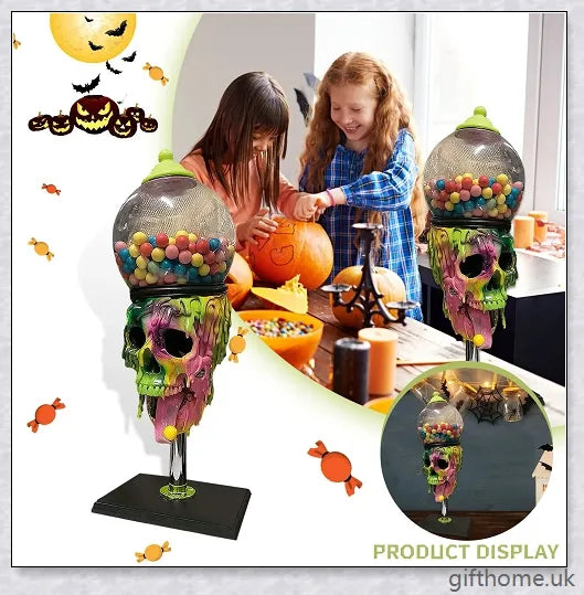 Realistic spooky skull-shaped candy dispenser with transparent 'brain' cavity for storing sweets