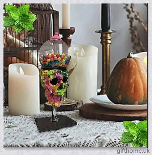 Realistic spooky skull-shaped candy dispenser with transparent 'brain' cavity for storing sweets