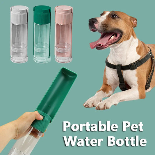 Portable pet water bottle in white and pink with 280ml capacity for outdoor travel