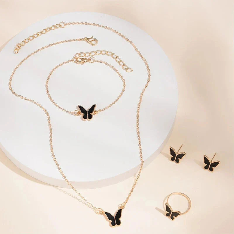 5PCS Fashion Butterfly Pendants Necklace Earrings Ring Bracelet Sets For Women