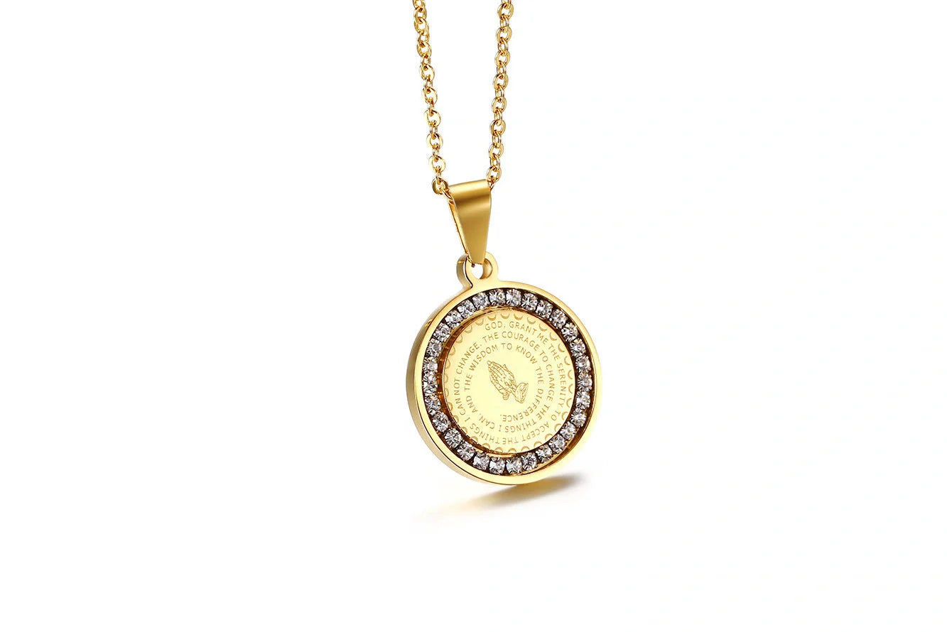 Premium stainless steel pendant with sparkling rhinestones and engraved English Scripture