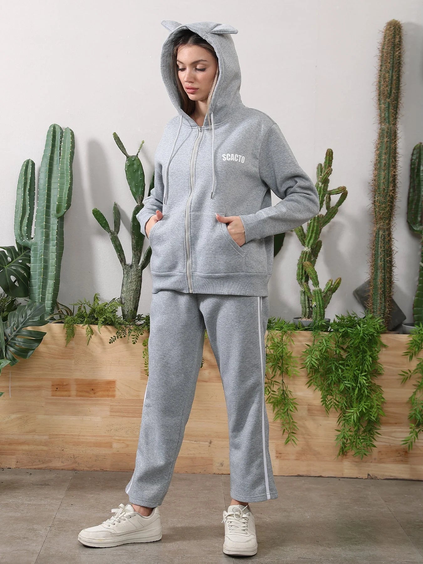 Women's Long Sleeved Hoodie Set in black and grey