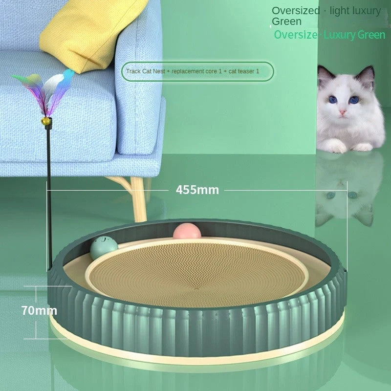 Round cat scratching board with toy ball, protects furniture from scratches