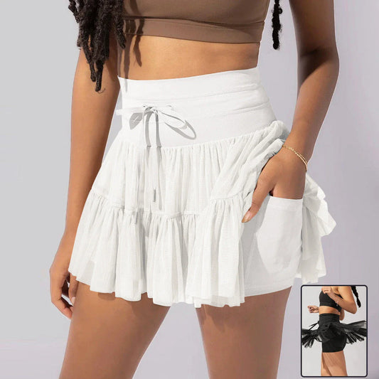 A stylish high-waist lace-up sports skirt with built-in safety shorts in a variety of vibrant colors.
