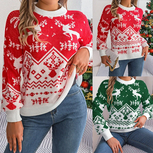 2025 Autumn Winter Deer Pattern Long Sleeve Hoodie for Women in red and green