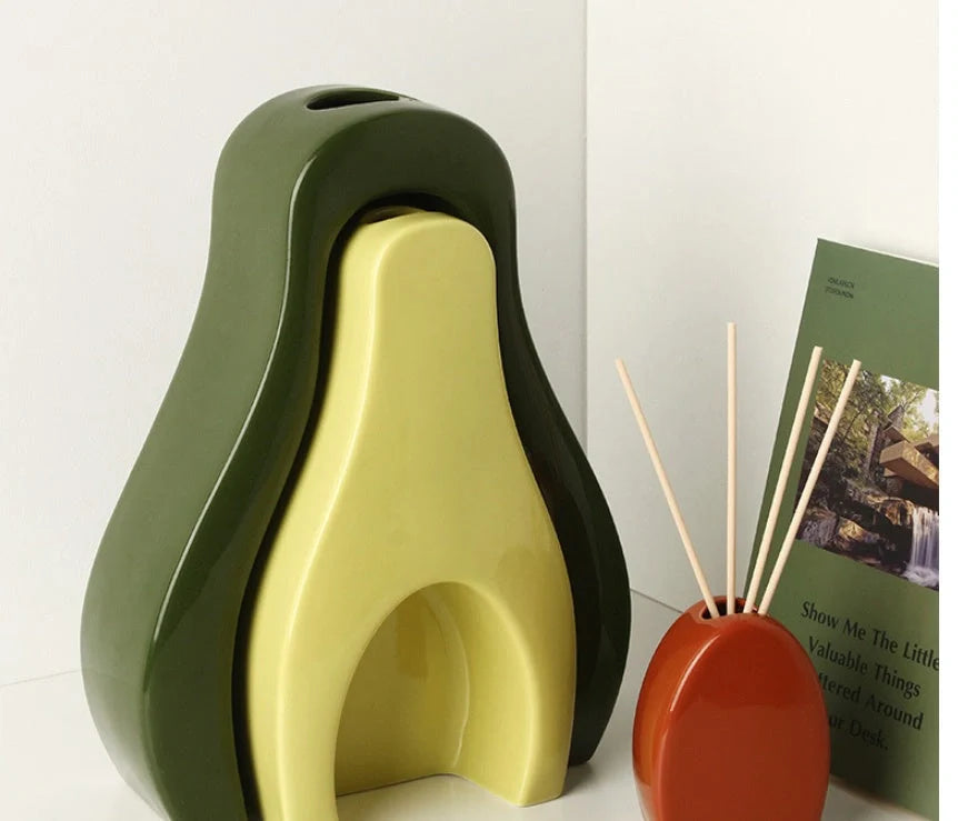Creative Bionic Vase in white porcelain with colour glaze, featuring avocado and apple designs