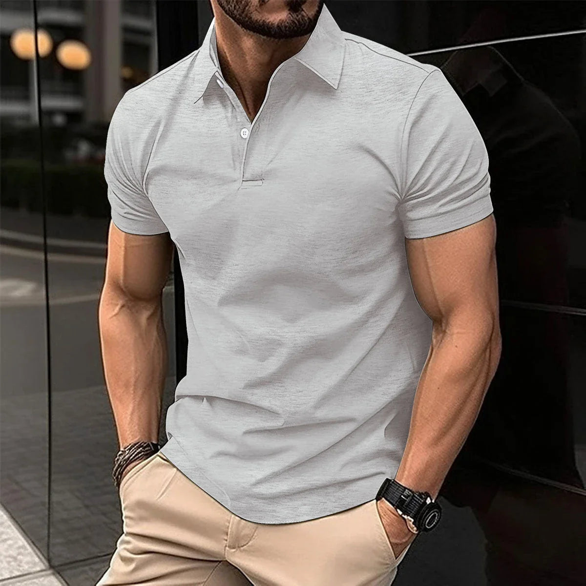 Premium Short Sleeve Polo Shirt for Men in Solid Color with Button Lapel Design