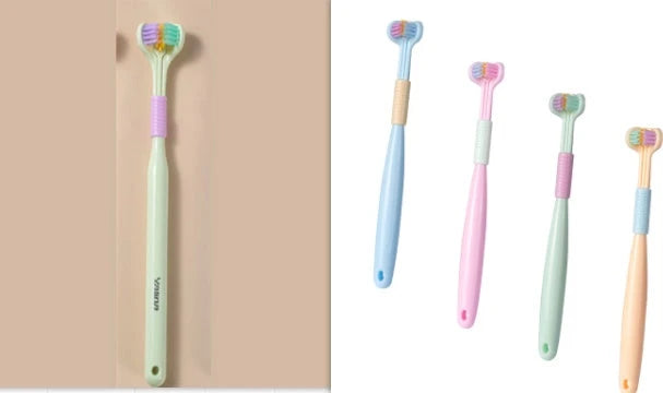 Soft bristle toothbrush with 3-sided brush head for thorough dental cleaning