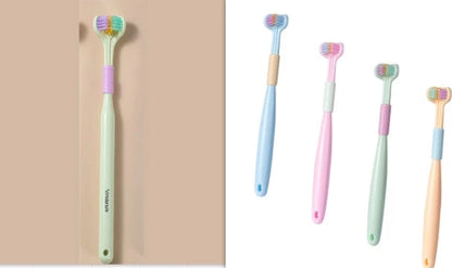 Soft bristle toothbrush with 3-sided brush head for thorough dental cleaning