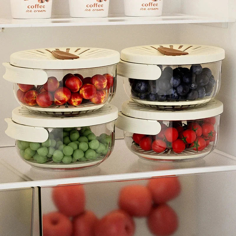 Versatile fruit drain basket with lid and foldable handle for fresh produce storage