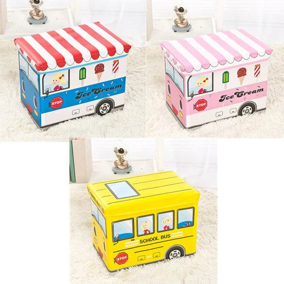 Foldable cartoon storage box stool in navy blue police car design, dimensions 40x25x31cm