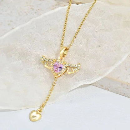 Enchanting necklace with Cupid heart and fluttering angel wings, crafted with titanium steel and sparkling zircon crystals