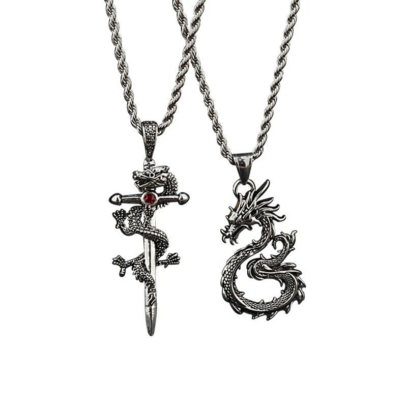 Stylish dragon sword pendant necklace with paved black colour and large hemp flowers chain, a premium accessory for men and boys
