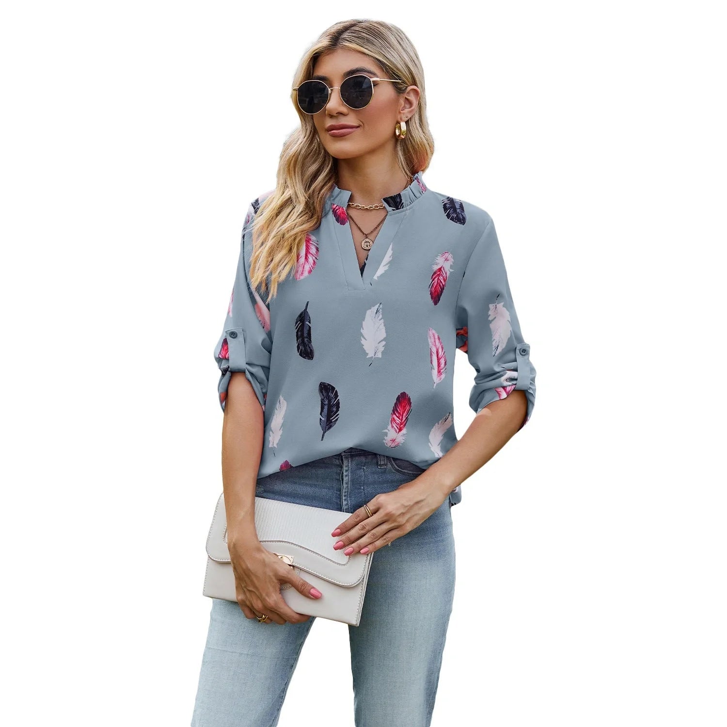 V-neck feather printed loose shirt in various colours